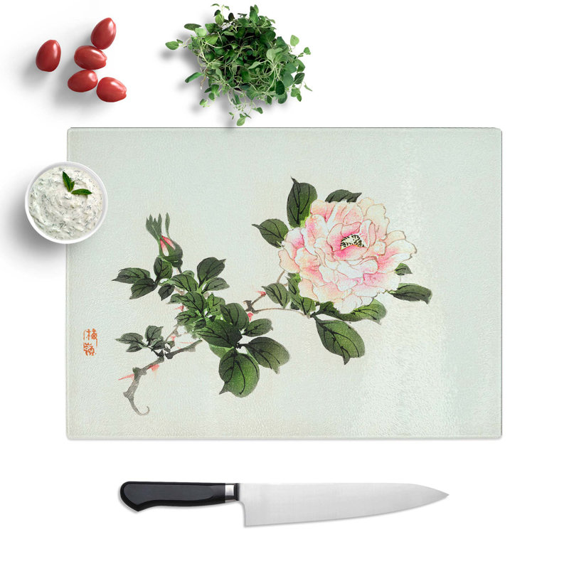 Tempered Glass Peony Flower by Kono Bairei Chopping Board, 39 cm W x 28.5 cm L