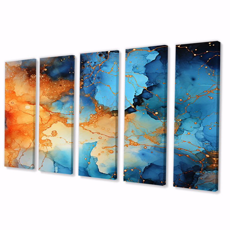 Love Love turquoise et orange Marble Art I - art mural abstrait salon - 5 panneaux égaux