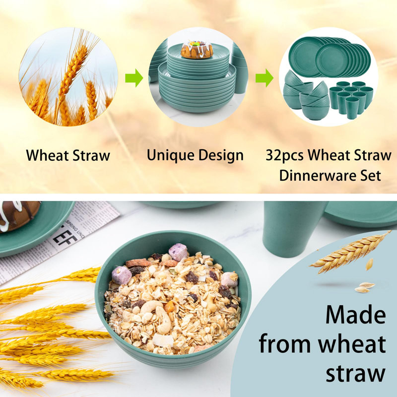 Dark Green Wheat Straw Unbreakable Dinnerware Set for 8
