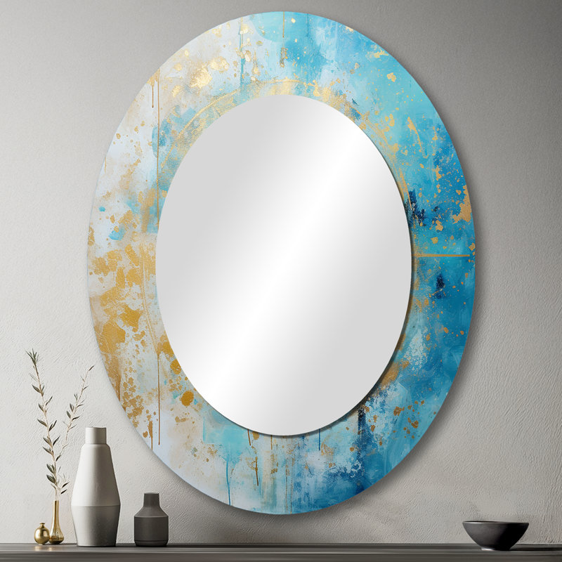 Divine Mandala Delicate Gold Gentle Turquoise I - Geometric Oval Decorative Mirror On Metal, 43" x 33"