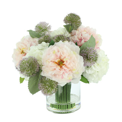 Peonies with Hydrangeas and Thistle in Glass Vase