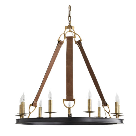 Chandelier with leather straps and candle-like lights