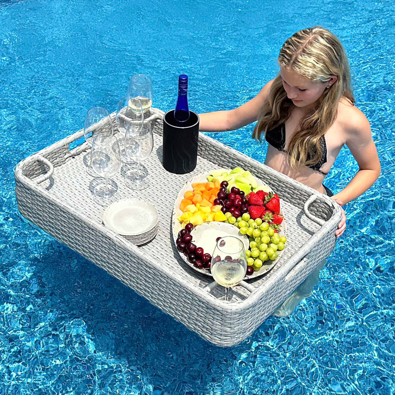 Sunjoy Wicker Floating Tray 36x24 inch Aluminum Frame Pool Tray Swimming Floating Serving Tray for Drinks, Snacks, and Essentials