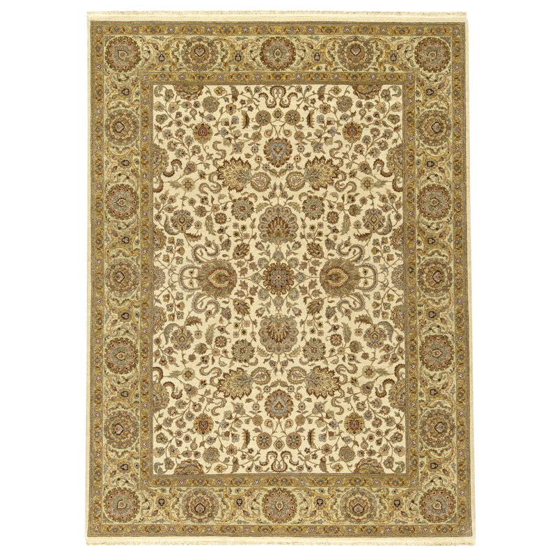 Tapis ivoire et vert clair de haute qualité noué à la main