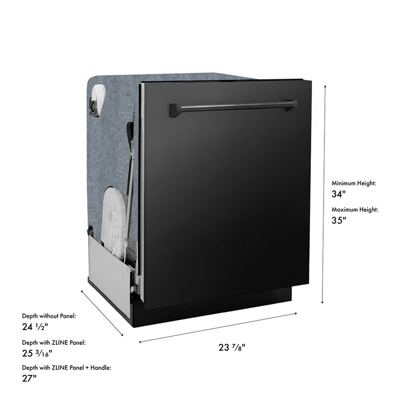 ZLINE 24 in. Monument 3rd Rack Dishwasher with Auto Door Open Drying, 44dBa, Black Steel Panel, Black Stainless Steel