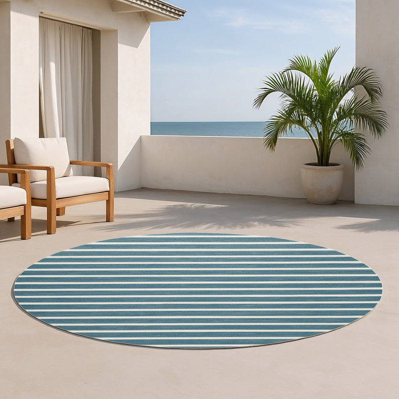 Tapis intérieur / extérieur bleu HorizontalStripes, Rond 5 pi