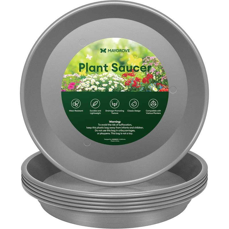 8 in. Heavy Duty Plastic Plant Saucers(6 Pack), Grey, 1.1" H x 8.7" W x 8.7" D