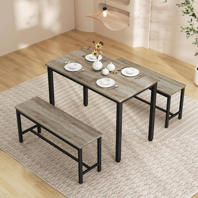 Ensemble de table de salle à manger pour 4 personnes, ensemble de table de cuisine avec 2 bancs, ensemble de chaises de salle à manger 3 pièces pour coin-repas, gris