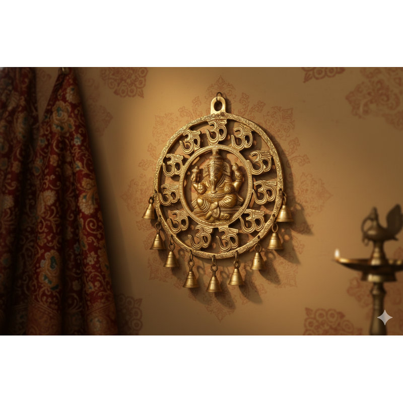 11" Om Ganesha Brass Wall Hanging with Sacred Bells - Handcrafted Indian Spiritual Sound Art for Entryway, Meditation Room & Divine Home Decor