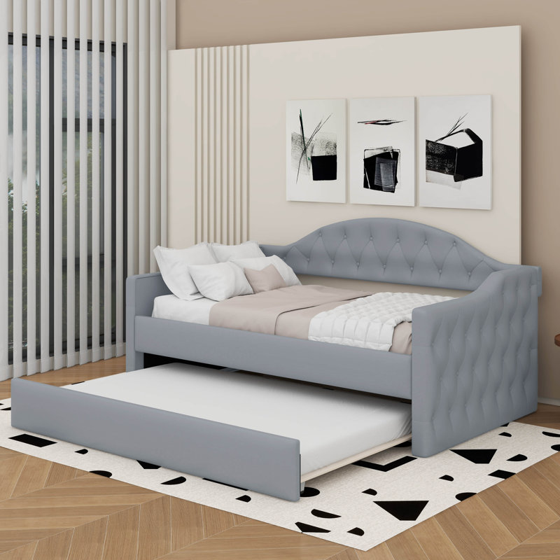 Lit de jour simple en velours capitonné avec couchette, Gris