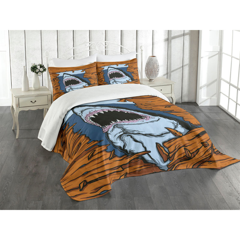Ensemble de couvre-lit Ambesonne Shark Wild Fish, Couvre-lit pour très grand lit + 2 taies décorat