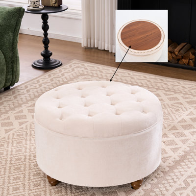 28" Round Storage Ottoman with Tray, Tufted Circle Storage Coffee Table, Upholstered Large Foot Stool with Removable Top for Living Room