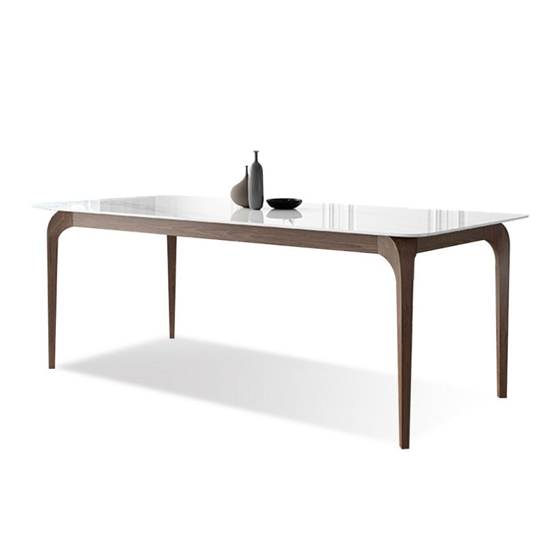 White + Nut-brown Rectangular Sintered Stone + Solid Wood Dining Table, 29.53"H x 62.99"L x 31.5"W