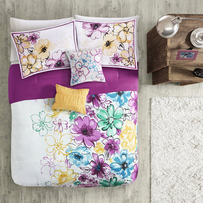 Édredon bleu / grand avec motif de coussins brodés floraux, décoratif