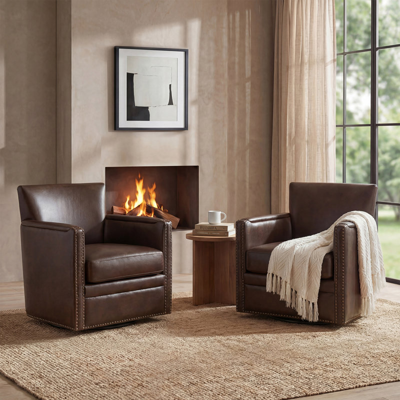 Sandra 29'' Wide Genuine Leather Swivel Chair (Set Of 2), Charcoal Genuine Leather