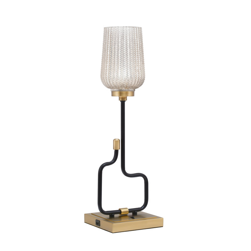 Lampe d'appoint Amarmula, avec ports USB, fini noir mat et laiton vieilli, verre texturé argenté de 5 po, Doré