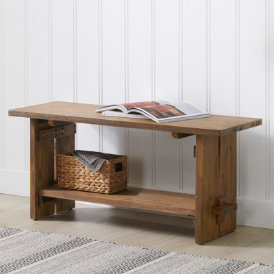 Bethel Acacia Wood Bench, 40 in. Wide, Natural Aged Brown with Storage Shelf, Rustic Solid Wood Entryway and Living Room Seating, Dimensions 40 in. W x 14 in. D x 18 in. H