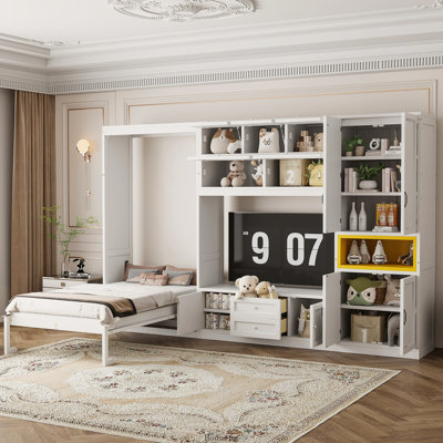 Lit escamotable double en bois avec meuble télé, 2 tiroirs, étagères et placards, blanc