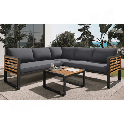 Ensemble de 4 chaises de jardin pour l'extérieur, canapé modulaire en L et structure en bois avec coussin moelleux et tables basses pour le jardin, la cour, le porche et la terrasse