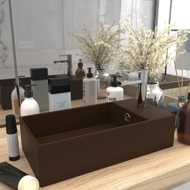Belfry Bathroom Kettering 480mm L x 250mm W Ceramic Rectangular Sink with Overflow, Dark Brown