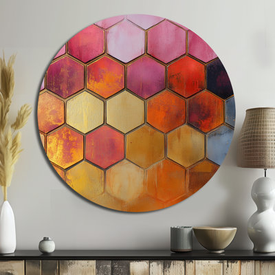 Hexagone nid d'abeille au coucher du soleil - Art abstrait géométrique rond en métal