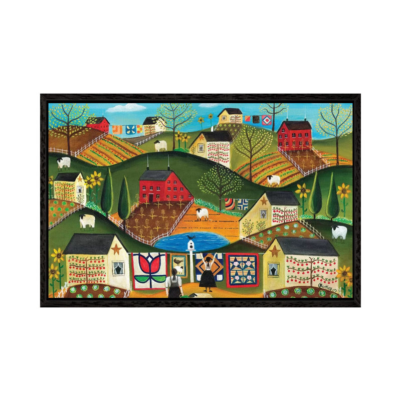 Country Garden Folk Art Quilts by Cheryl Bartley - Painting on Canvas, Black Framed, 45.72cm H x 66.04cm W x 3.81cm D