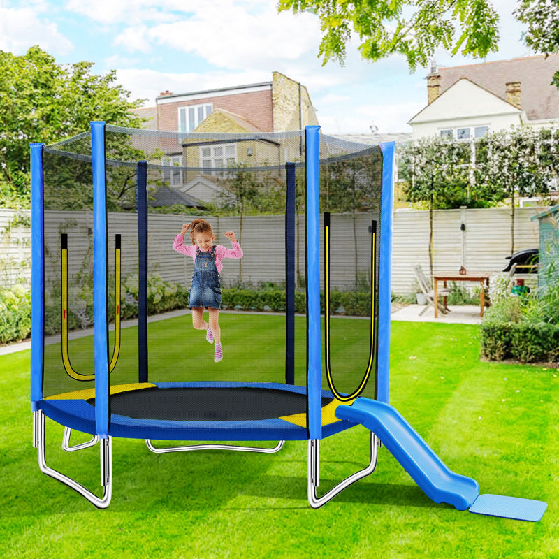 Trampoline Hexagon Kids avec enceinte sécuritaire, glissoire et échelle - ensemble de jeu extérieur / intérieur certifié ASTM, capacité de 220 lb