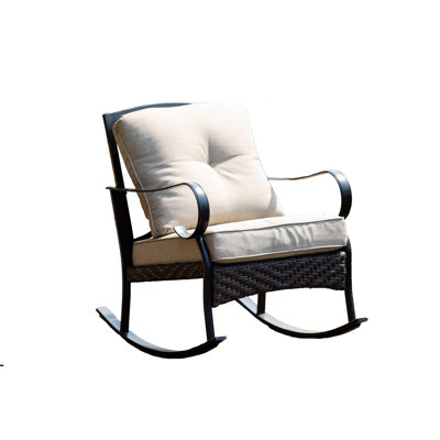 Hersey 25" Black Steel Patio Rocking Chair With Beige Cushion