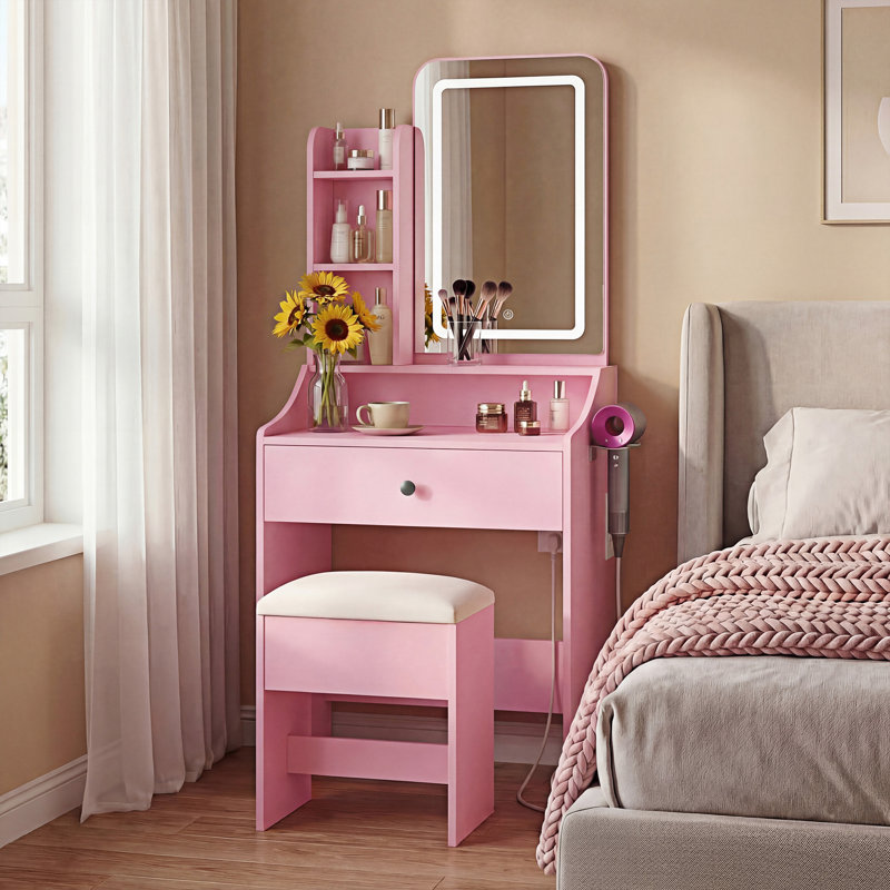 Ensemble de coiffeuse de maquillage avec miroir à DEL à gradation continue, station de charge et tabouret de rangement, Rose