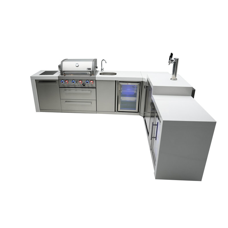 Mont Alpi Premium 82"w X 98"d Deluxe L-shaped Stainless Steel Outdoor Kitchen Island With Refrigerator + Kegerator Beer Dispenser + Faucet & Sink  Combo + 32"w 4-burner Bbq Grill + Storage Cabinets + Cover + Natural Gas Convertible + Lifetime Warranty