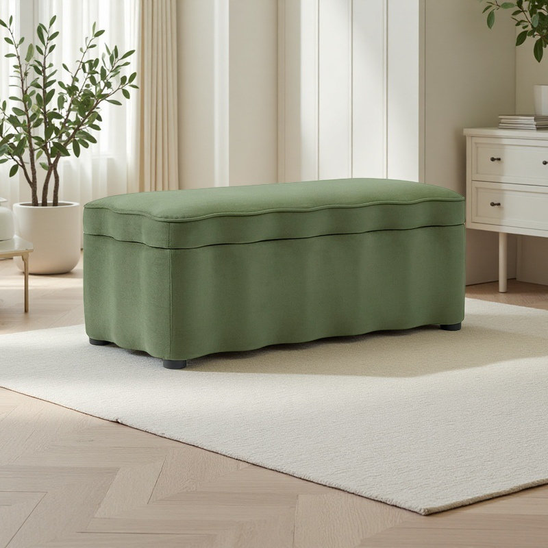 Modern Wavy Green Velvet Upholstered Storage Stool