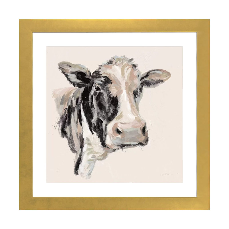 Vache expressionniste I neutre, H 24 po x l 24 po x P 1 po, Blanc, Papier encadré doré