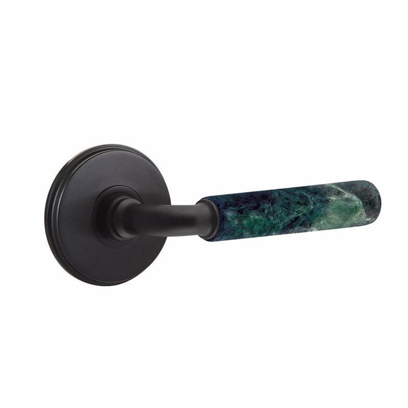 Emtek Select Passage Leverset, Watford Rosette, R-Bar Stem, Green Marble Handle, CF, Flat Black/Green Marble Handle