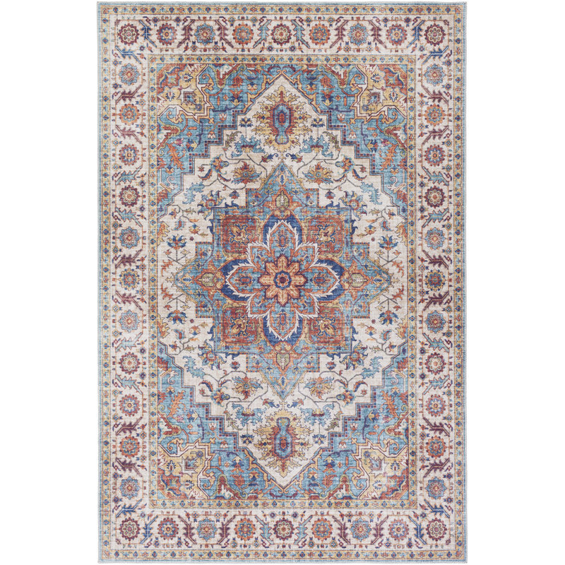 Tapis oriental bleu marine / bleu glacier / vert gazon Greear, Rectangle 7 pi 6 po x 9 pi 6 po