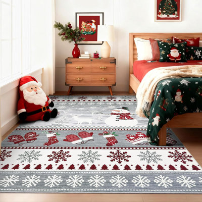 Tapis de Noël 2x6 - lavable, antidérapant, imprimé père Noël et renne, velours court, tapis pliable pour le couloir, la cuisine, le chevet (gris)