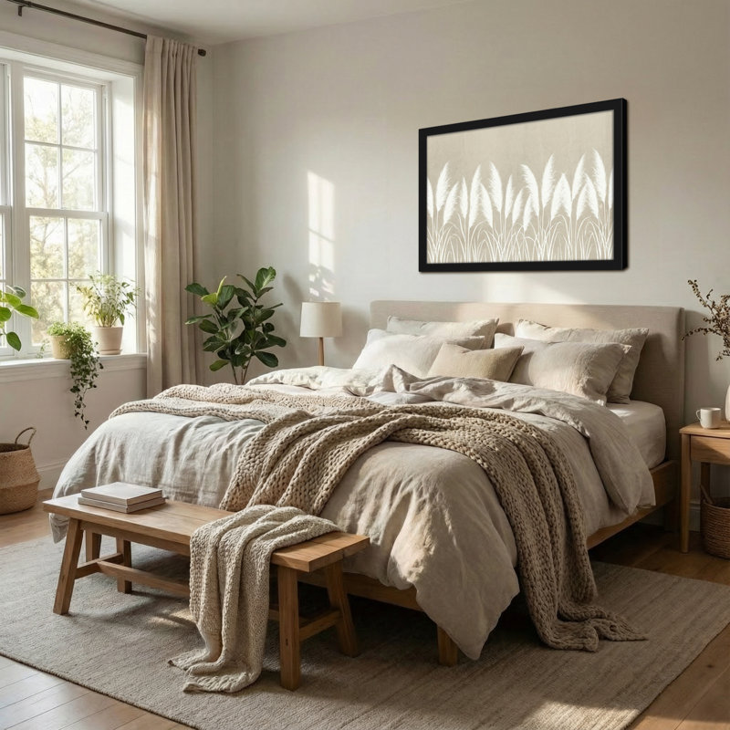 Plantes et fleurs de roseaux blancs sur fond beige, H 12 po x l 18 po