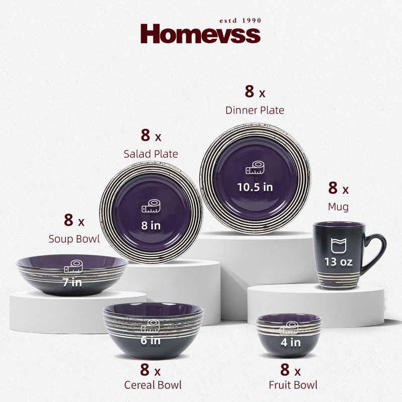  HomeVSS 48-Piece Tree Bark Stoneware Dinnerware Set, Service for 8, Lavender