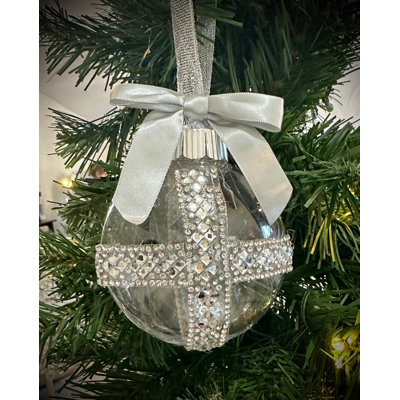 The Silver Collection: Mini Diamond crystal and  Rhinestone Glam Ornament with a Silver Satin Bow
