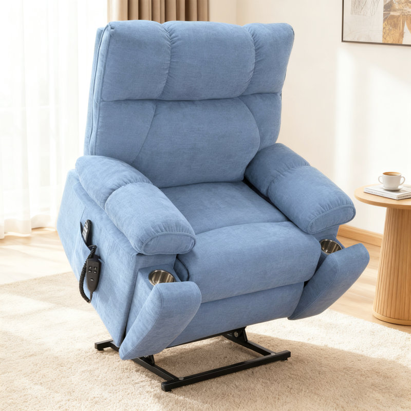 Dual Motor Power Lift Recliner With Heat And Massage, 350 Lbs Capacity, Hidden Cup Holders & Remote Control, Blue
