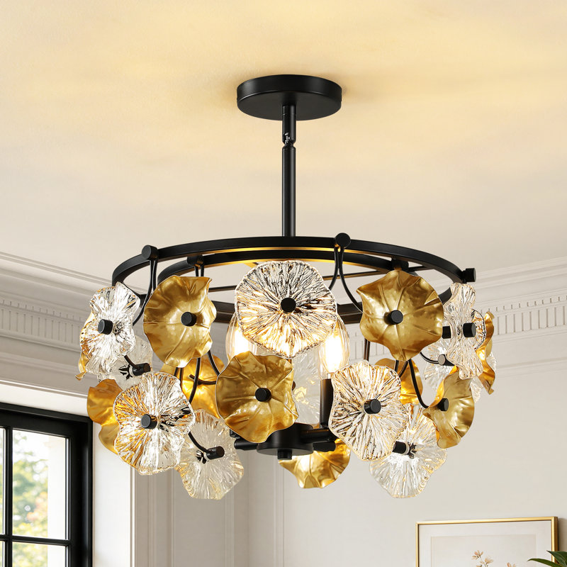 Plafonnier semi-encastré floral en verre cristal à 4 lumières de 17,6 po
