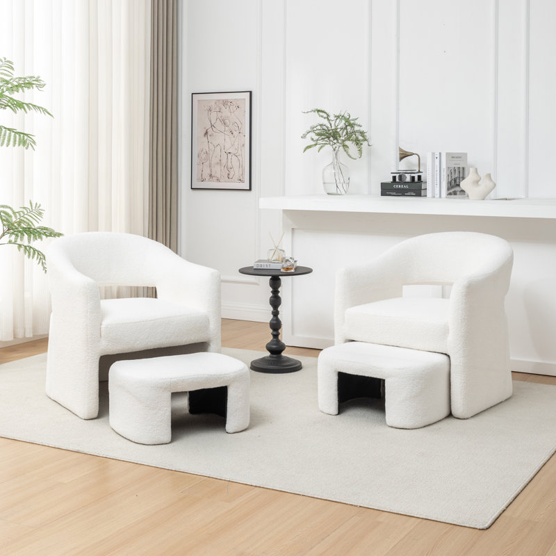 Fauteuil demi-tonneau avec repose-pieds, Fausse fourrure blanche