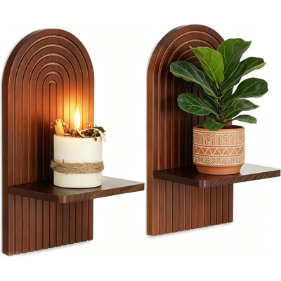 Mid Century Modern Candle Sconces，Set Of 2 Walnut Boho Wall Candle Holder Decor For Living Room Fireplace ， Arch Candle Shelf For Plants Pillars Candles