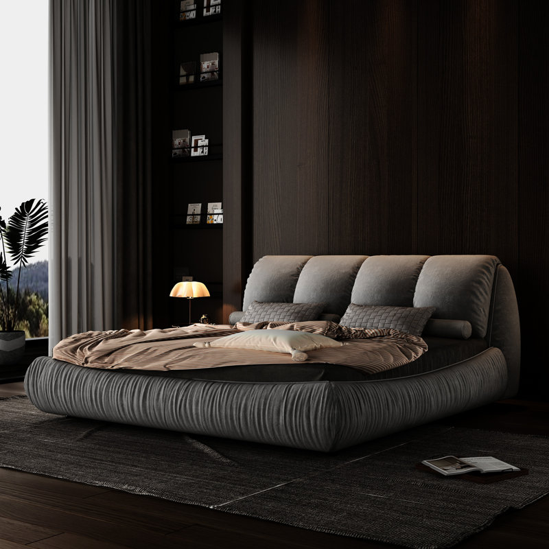 Lit plateforme très confortable avec lattes en bois massif et revêtement gris, Gris, Très grand lit