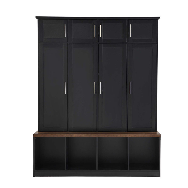 Multi-Functional Hall Tree With 4 Hidden Hanging Hooks, Brown Wood Grain Bench With Multiple Storage Space, Entryway Cabinet With Open Compartments For Living Room, Hallway