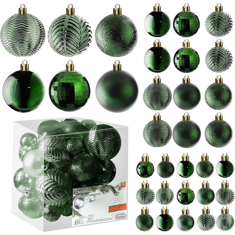 Ensemble de 36 ornements de boule de Noël vert émeraude - Ensemble de 3 tailles incassables pour décorations d'arbre de Noël, de fêtes, de couronne et de fête (petit / moyen / grand)