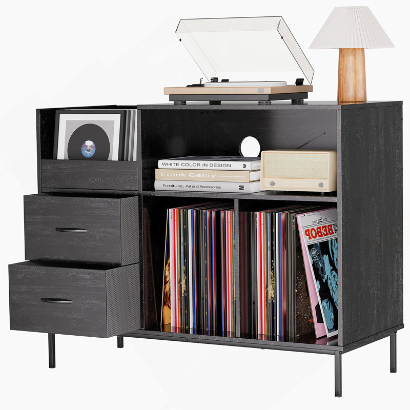 Eco-Friendly Record Player Stand With Flip-Top - Wood Vinyl Storage Cabinet With 2-Outlet Power Strip, Drawers & Dustproof Cubbies, Media Console For Living Room/Study, Black