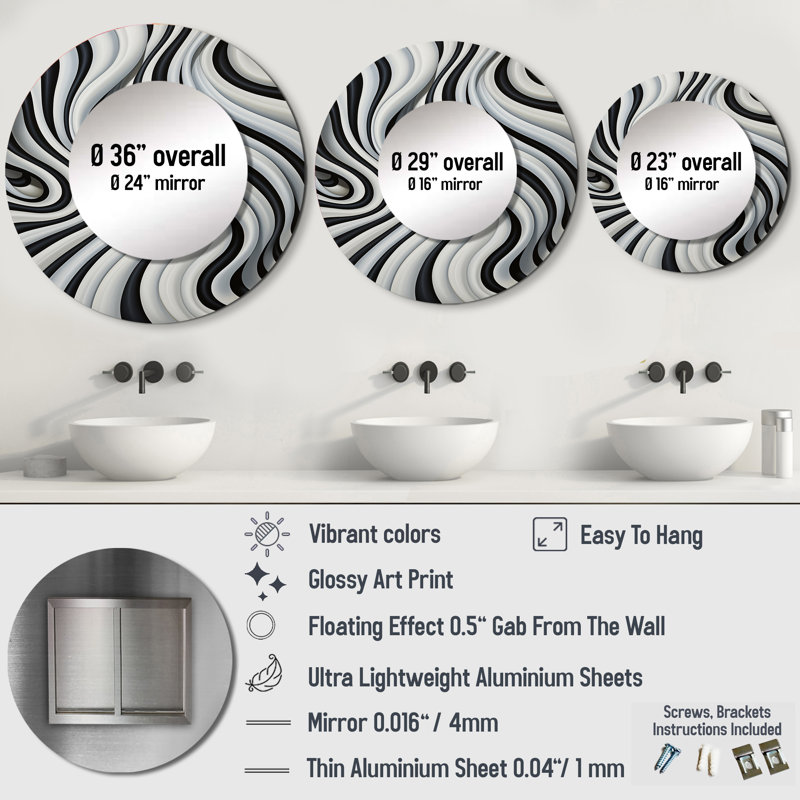 Noir et blanc optique optique Dream III - Op Art miroir, miroir mural décoratif rond moderne, impression d'art en métal