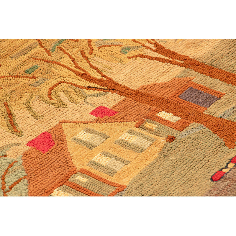 Antique Hooked Rug, Beige And Cream With Homestead Pictorial - Rug & Kilim