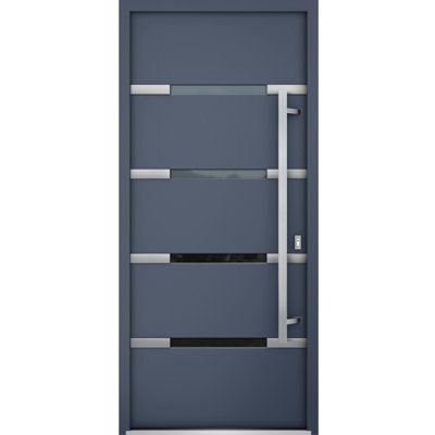 Front Exterior Prehung Steel Door / Deux 1105 Gray Graphite / Stainless Inserts Single Modern Painted-W36" x H80"-Left-hand Inswing