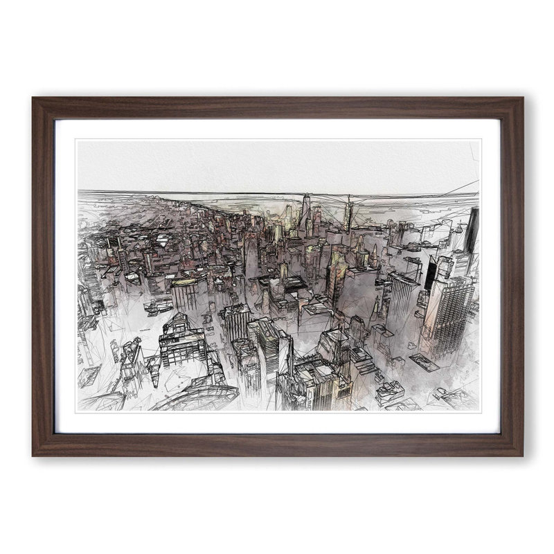 Flying over the Chicago Skyline in Abstract - Framed Print, 60cm H x 91cm W x 2cm D, Walnut